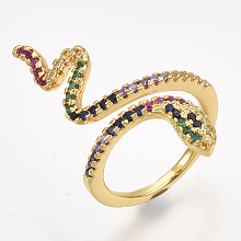 Honeyhandy Brass Micro Pave Cubic Zirconia Cuff Rings, Open Rings, Snake, Colorful, Size 6, 16mm