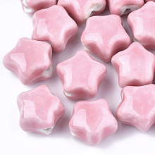 Honeyhandy Handmade Porcelain Beads, Bright Glazed Porcelain, Star, Pink, 15~16x15.5~17x12~12.5mm, Hole: 2~2.5mm