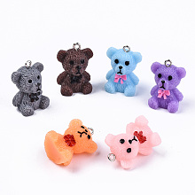 Honeyhandy Resin Pendants, with Platinum Tone Iron Loops, 3D Bear, Mixed Color, 25~26x19x16mm, Hole: 2mm