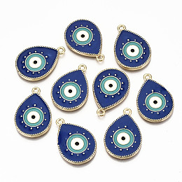 Honeyhandy Alloy Pendants, with Enamel, Cadmium Free & Nickel Free & Lead Free, Light Gold, Teardrop with Eye, Blue, 27.5x19x2.5mm, Hole: 1.8mm