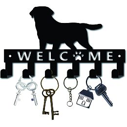 CREATCABIN Metal Key Holder Black Key Hooks Wall Mount Hanger Decor Hanging Organizer Rock Decorative with 6 Hooks Dog Pattern with Word Welcome for Front Door Entryway Towel 10.6 x 6.3 x 1.5 inches