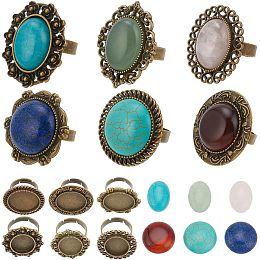 SUNNYCLUE 6Pcs Gemstone Finger Ring Making Kit Cabochon Ring Settings Bezel Blank Rings Healing Energy Turquoise Stone Gemstones Rose Quartz Vintage Style Ring Components for Jewelry Making Kits