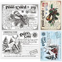 GLOBLELAND Christmas Postcard Postage Transparent Clear Stamps Retro Text Background Bird Embossing Stamp Sheets Silicone Clear Stamps Seal for DIY Scrapbooking and Card Making Paper Craft Decor