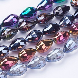 Honeyhandy Electroplate Glass Beads Strands, Faceted, teardrop, Mixed Color, 27~28x18mm, Hole: 2mm, about 25pcs/strand, 26.3 inch~27.1 inch(67cm~69cm)