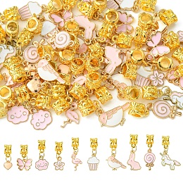 50Pcs 10 Styles Alloy Pink Enamel European Dangle Charms, Large Hole Pendant, Light Gold, Flower & Flamingo & Butterfly, Mixed Shapes, Pink, 23~31mm, Hole: 4.3x4.4mm, 5pcs/style