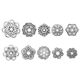 HOBBIESAY 100Pcs 10 Style Hollow Tibetan Style Alloy Bead Caps, Flower, Antique Silver, 7~15x7~15x2~4.5mm, Hole: 0.9~1.6mm, 10pcs/style