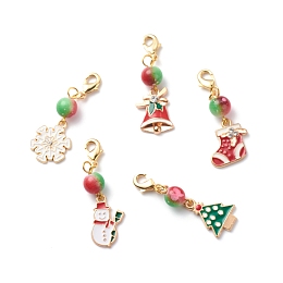 Christmas Theme Alloy Enamel Pendant Decorations, with Brass Lobster Claw Clasps and Spray Painted Resin Round Beads, Bell/Tree/Sock/Snowman/Snowflake, Mixed Color, 46~48mm