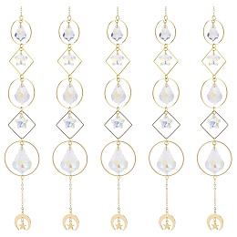 Honeyhandy Electroplate Glass Star & Teardrop Window Hanging Suncatchers, Golden Brass Geometry with Horn Pendants Decorations Ornaments, Clear AB, 253x35mm