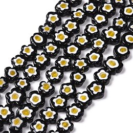 Handmade Millefiori Glass Bead Strands, Flower, Black, 10x2.6mm, Hole: 1mm, about 42pcs/strand, 15.75''(40cm)