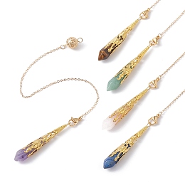 Honeyhandy Natural Mixed Gemstone Pointed Dowsing Pendulums, with Brass Cable Chains, Soldered, Real 18K Gold Plated, Faceted Bullet Charm, 250mm, Hole: 3mm