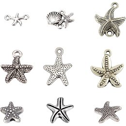 SUNNYCLUE 1 Box 90Pcs 9 Styles Sea Animals Charms Starfish Beads Ocean Alloy Pendants Links Beads for DIY Jewelry Making Crafts Supplies, Antique Silver