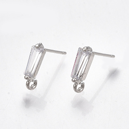 Honeyhandy Brass Cubic Zirconia Stud Earring Findings, with Loop, Clear, Real Platinum Plated, 11.5x3mm, Hole: 1.2mm, Pin: 0.7mm