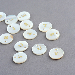 Honeyhandy Freshwater Shell Pendants, Flat Round with Gold Blocking Letter, Random Letter A~Letter Z, Mixed, 11.5x2mm, Hole: 1.5mm