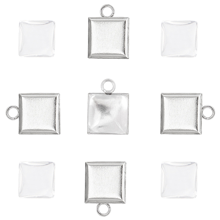 Unicraftale DIY Pendant Making, with 304 Stainless Steel Pendant Cabochon Settings and Transparent Clear Glass Square Cabochons, Square, Stainless Steel Color, 15x11x1.5mm, Hole: 2.5mm; 10x4mm