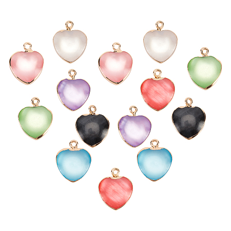 SUNNYCLUE Resin Pendants, with Gold Plated Iron Loops, Imitation Cat Eye Style, Heart, Mixed Color, 19x16x8mm, Hole: 1.8mm, 14pcs/box