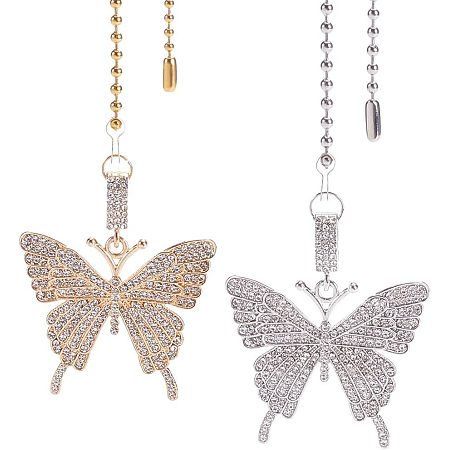BENECREAT 2Pcs Alloy Rhinestone Butterfly Pendant Ceiling Fan Pull Chain Extenders with 304 Stainless Steel Ball Chain for Ceiling Light Lamp Fan Decorative, Platinum Light Gold
