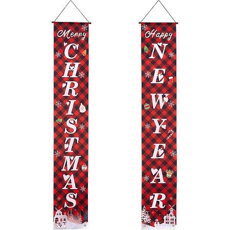 CREATCABIN Merry Christmas Banner Cristmas Porch Sign Xmas Decor Hanging Red Plaid Buffalo for Winter Indoor Outdoor Yard Holiday Home Party Porch Wall Decoration 11.8 x 70.9inch
