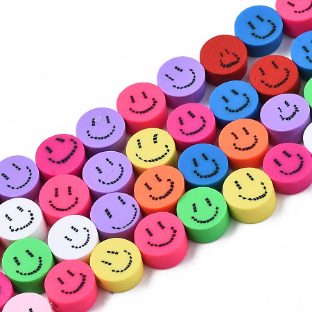 Honeyhandy Handmade Polymer Clay Beads Strands, for DIY Jewelry Crafts Supplies, Flat Round with Smiling Face, Mixed Color, 9~9.5x4~5mm, Hole: 1.8mm, about 37~38pcs/strand, 15.75 inch~16.14 inch(40~41cm)