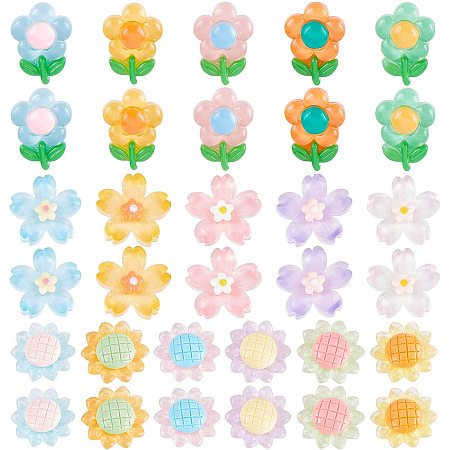 SUNNYCLUE 60Pcs Resin Flower Cabochons Transparent Sunflower Cabochon Tulip FlatBacks Leaf Plant Flat Backs Colorful Charms for Jewelry Making Hair Clip Stud Earring Scrapbooking Embellishments