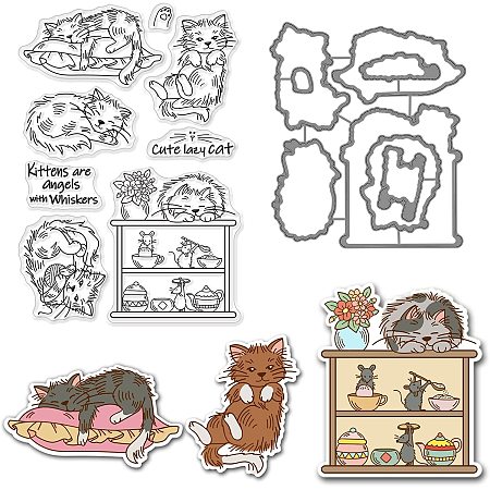 BENECREAT 2 Sets Sleeping Cat Pattern Stamps and Dies, Lazy Cat and Mouse Clear Stamp and Cutting Die Sets for Holiday Card Making Photo Album Decorative