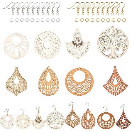 NBEADS 16 Pairs Wooden Dangle Earring Making Kits, Contains 32 Pcs Wood Filigree Pendants, 64 Pcs Earring Hooks and 64 Pcs Jump Rings for Earring Making Jewelry