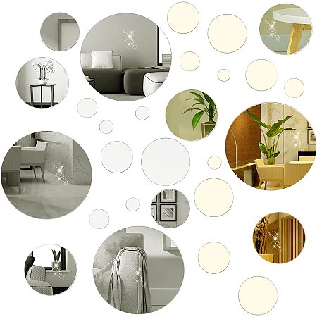 PandaHall Elite 32pcs Circle Mirror Wall Stickers 6 Sizes Self Adhesive Mirror Tiles Golden Silver Acrylic Mirror Sticker Set 3D DIY Wall Decals for Home Room Bedroom Decor Art DIY Craft Jewelry Making