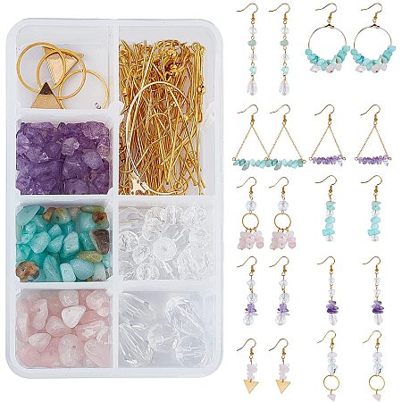 SUNNYCLUE 1 Box DIY Make 10 Pairs Crystal Earring Making Kit Amazonite Amethyst Rose Quartz Chip Stones Beads Brass Earring Hooks & Linking Rings for Jewelry Making