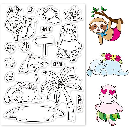 GLOBLELAND Island Animals Silicone Clear Stamps Sloth Elephant Hippo Coconut Tree Transparent Stamps for Holiday Greeting Cards Making DIY Scrapbooking Photo Album Decoration Paper Craft