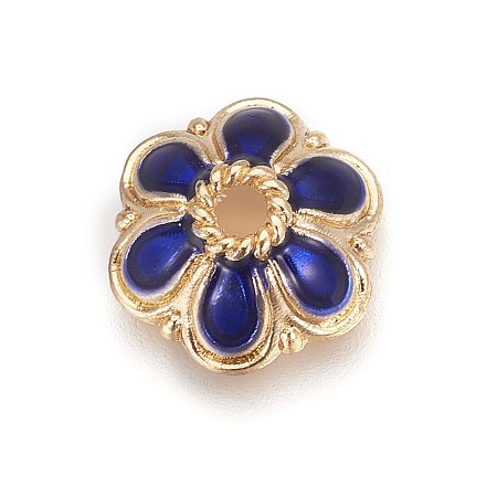 Alloy Enamel Bead Caps, Flower, 6-Petal, Golden, Blue, 11x4.5mm, Hole: 1.8mm