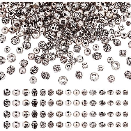 PandaHall Elite 450pcs Tibetan Spacer Beads, 15 Style Alloy Rondelle Round Beads Antique Silver Column Beads European Loose Bead for Bracelet Necklace Jewelry Making, Hole: 1~3mm