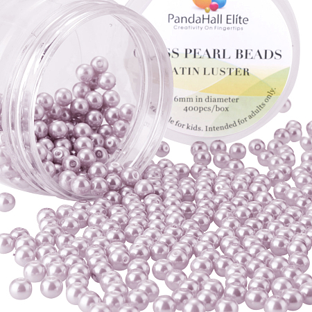 PandaHall Elite 6mm About 400Pcs Tiny Satin Luster Glass Pearl Round Beads Assortment Lot for Jewelry Making Round Box Kit Orchid Pink