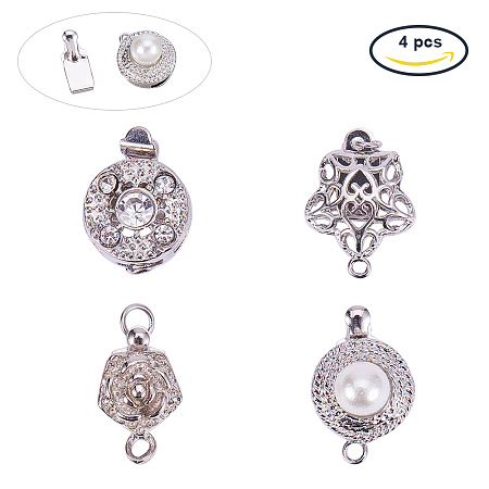 PandaHall Elite 4 Pcs Brass Box Clasps Cord Ends with Rhinestone Pearl Beads 4 Styles for Jewelry Making Platinum
