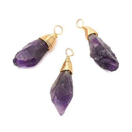Honeyhandy Natural Amethyst Pendants, with Real 18K Gold Plated Eco-Friendly Copper Wire, Nuggets, 26~31x8.5~9x5.5~7mm, Hole: 3mm