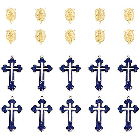 SUNNYCLUE 1 Box 20Pcs Golden Tibetan Style Rosary Cross and Center Miraculous Medal with Alloy Crucifix Cross Pendants and Oval Chandelier Connector Link Charms for Rosary Beads Necklace Making