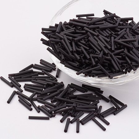 Honeyhandy Glass Bugle Beads, Frosted Colours, Black, 12x2mm, Hole: 0.5mm, about 5000pcs/bag