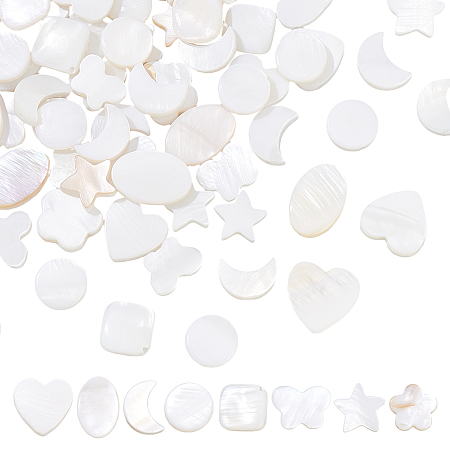 NBEADS 96 Pcs 8 Styles Natural Shell Beads, White Mother of Pearl Shell Beads Butterfly Shell Beads Star Moon Heart Shell Beads Flat Spacer Beads Drilled for Jewelry DIY Craft Necklace Earring