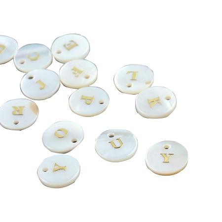 ARRICRAFT About 200pcs Random Letter A-Letter Z Flat Round with Gold Blocking Letter Freshwater Shell Pendants Seashells Beads Pendants Charms for Craft Making