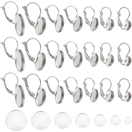 DICOSMETIC 42 Sets 7 Sizes Stainless Steel Flat Round Pendant Cabochon Setting Charms Plain Edge Bezel Cups Pendant Tray Bezel Pendant with Transparent Glass Cabochons for Jewelry Making