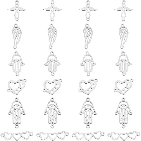 SUPERFINDINGS 24pcs 6 Style Heart Charm Pendant Angel Wing Heart Hamsa Hand Steel Links Stainless Steel Filigree Links Filigree Connectors Joiners for Jewelry Making, Hole: 1.2-1.5mm