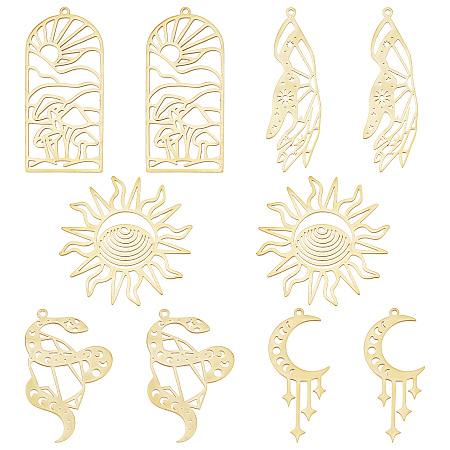 SUNNYCLUE 1 Box 10Pcs Tarot Style Real 18K Gold Plated Stainless Steel Charms Moon Phase Star Charm Mushroom Charms Hand Snake Double Sided Hollow Sun Charm for Jewelry Making Charms DIY Craft Adult