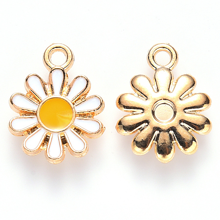 Honeyhandy Alloy Enamel Charms, Flower, Light Gold, White, 14x12x2mm, Hole: 1.6mm
