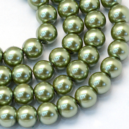 Honeyhandy Baking Painted Pearlized Glass Pearl Round Bead Strands, Olive Drab, 6~7mm, Hole: 1mm, about 145pcs/strand, 31.4 inch