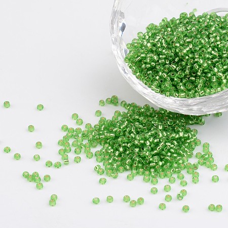 FGB 11/0 Transparent Glass Seed Beads, Silver Lined Round Hole, Round, Lime Green, 2x1.5mm, Hole: 0.3mm, about 3000pcs/50g