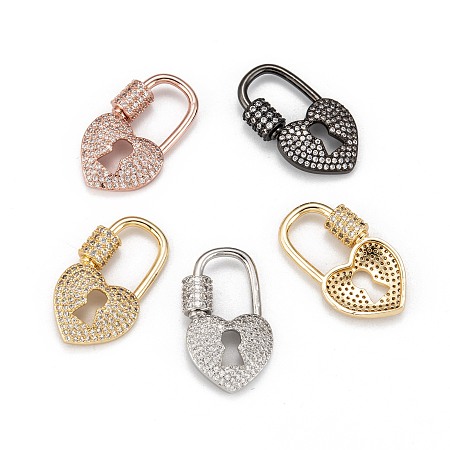 ARRICRAFT Brass Micro Pave Cubic Zirconia Screw Carabiner Lock Charms, for Necklaces Making, Heart Lock, Clear, Mixed Color, 29x16x4~6mm