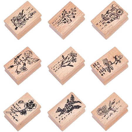 Wooden Stamps, Rectangle with Plants, BurlyWood, 4x2.7x2.5cm; 1pc/pattern, 9pcs/set