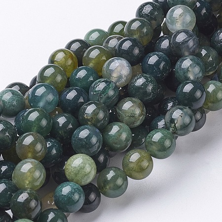 Arricraft Natural Moss Agate Beads Strands, Round, about 8mm in diameter, hole:  1mm, about 51pcs/strand