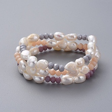 Honeyhandy Natural Baroque Pearl Stretch Bracelets, Stackable Bracelets, with Faceted Rondelle Glass Beads and Burlap Bags, Mixed Color, 2-1/8 inch~2-1/2 inch(5.55~6.45cm), 3pcs/set