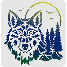 FINGERINSPIRE Wolf Stencils Template 11.8x11.8inch Plastic Forest Mountain Moon Drawing Painting Stencils Square Reusable Stencils for Painting on Wood, Floor, Wall and Tile