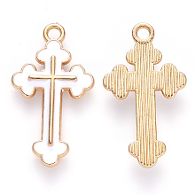 Honeyhandy Alloy Enamel Pendants, Cross, Light Gold, White, 25x14x2mm, Hole: 1.8mm