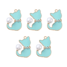 Honeyhandy Alloy Enamel Pendants, with ABS Plastic Imitation Pearls and Crystal Rhinestone, Light Gold, Cat Charm, Lead Free & Cadmium Free, Turquoise, 29.5x19.5x9mm, Hole: 1.8mm